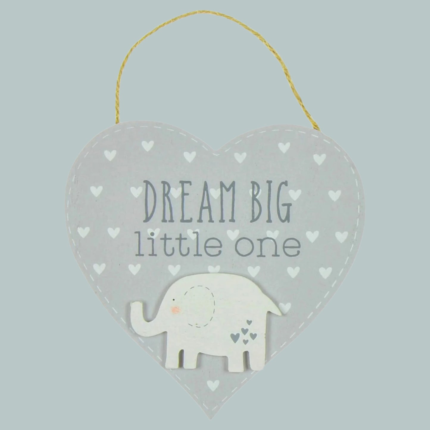 Heart-shaped door hanging plaque with an elephant and 'Dream Big Little One' text on a neutral background