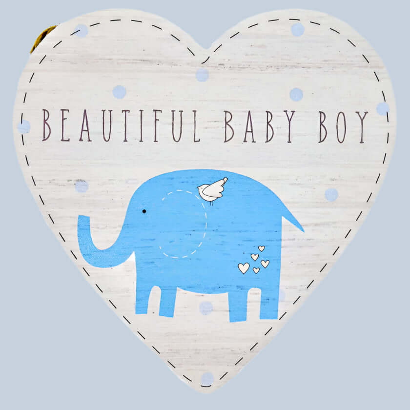 Heart-shaped baby boy nursery plaque with blue elephant and ‘Beautiful Baby Boy’ text.