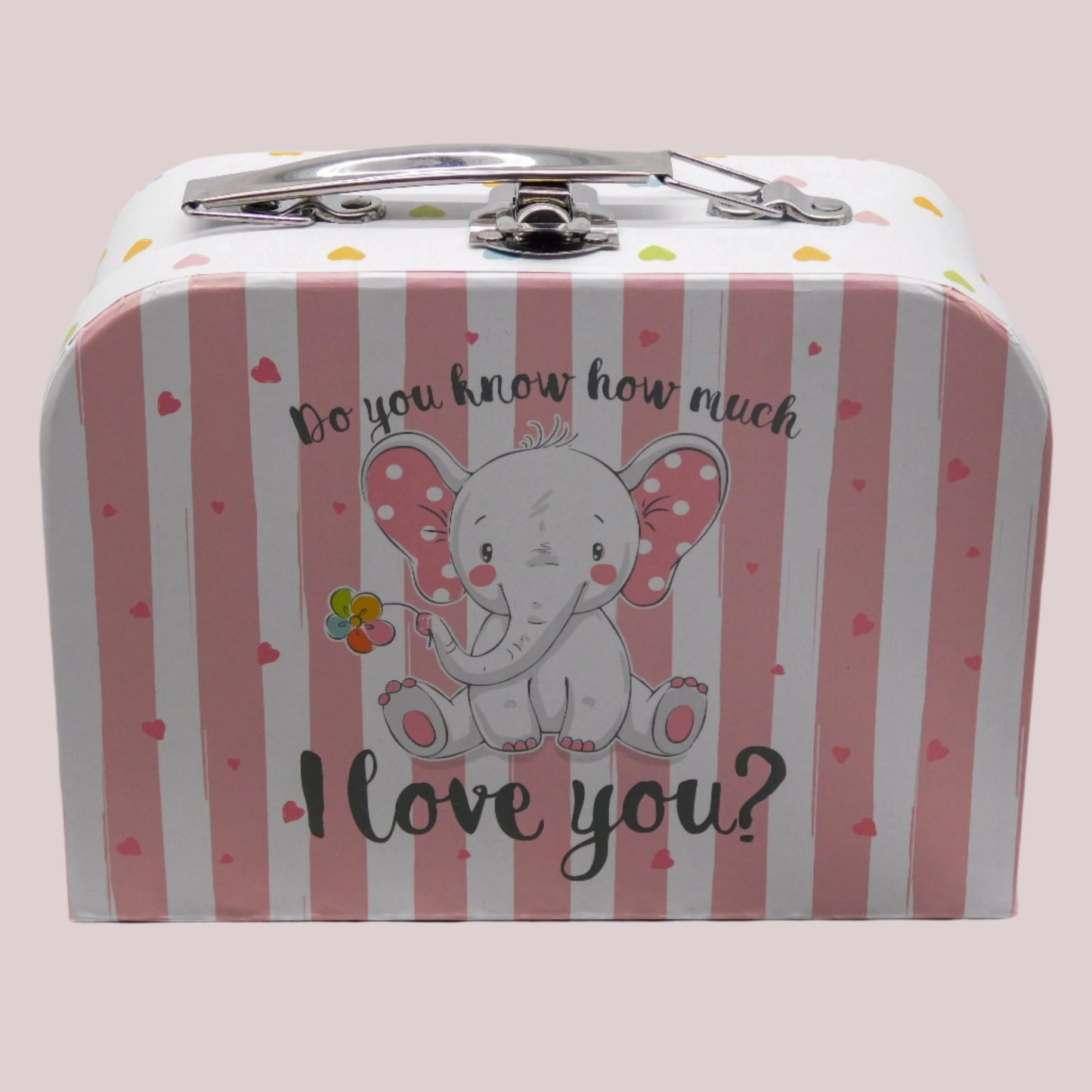 Small keepsake suitcase with pink and white striped pattern, elephant illustration, and text which says 'Do you know how much I love you?' on a pale pink background