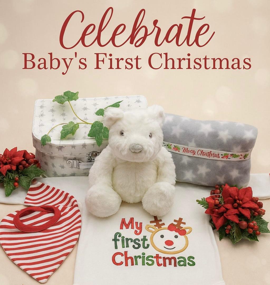 Baby's first Christmas set with teddy bear, bib, blanket & sleepsuit & text saying 'Celebrate Baby's First Christmas'