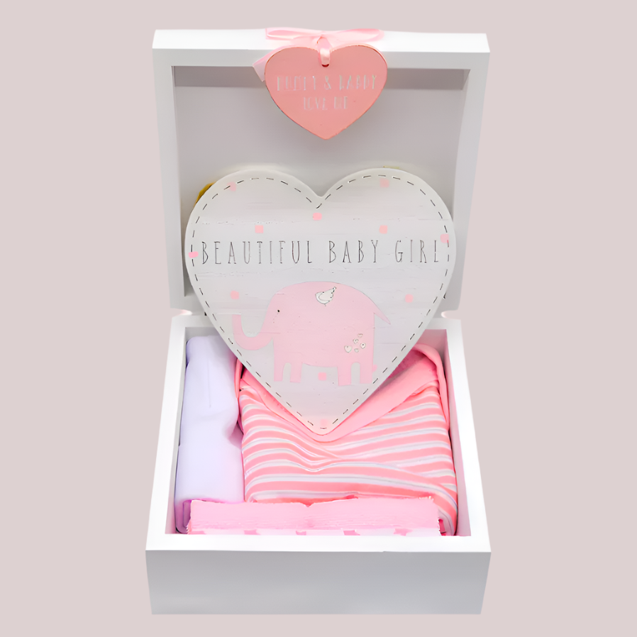 Baby girl gift set with heart-shaped elephant hanging door plaque, pink and white bodysuit, white hat, and washcloths in a keepsake box with a heart-shaped tag.