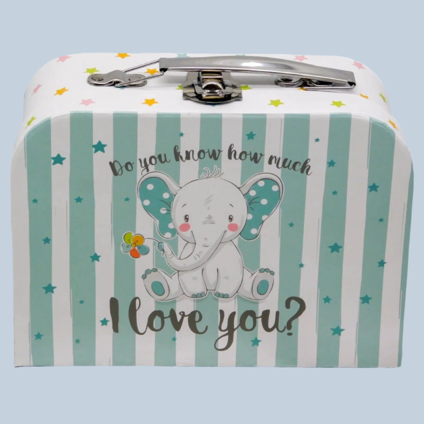 Children's suitcase with elephant design and text on a blue background