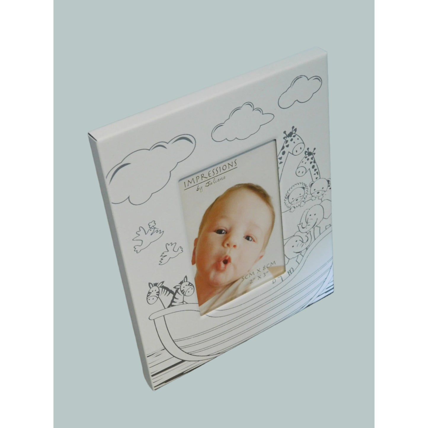 Baby photo frame with animal illustrations on a neutral background