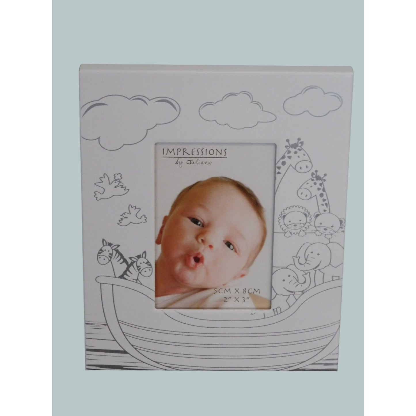 Decorative photo frame with a baby's picture and animal illustrations on a neutral background