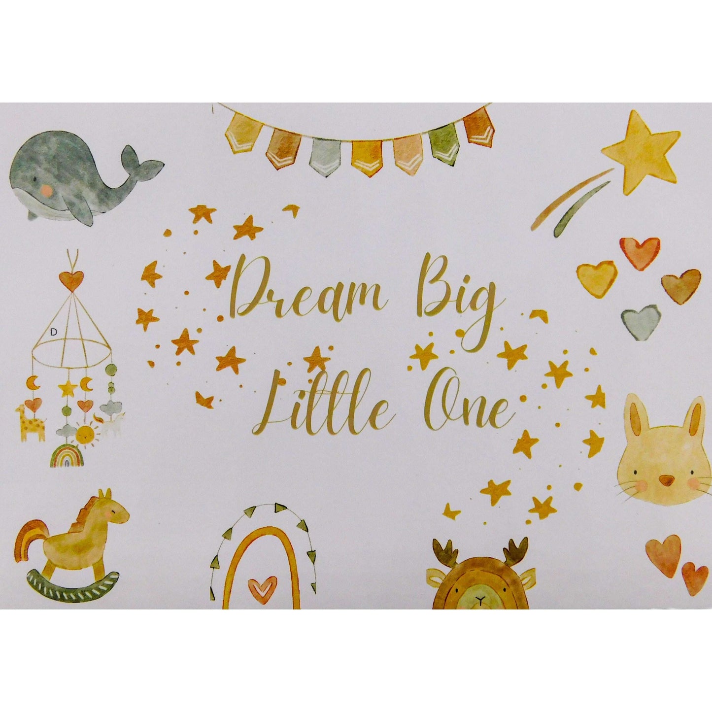'Dream Big Little One' text on a postcard with colourfui boho style animal, stars and bunting