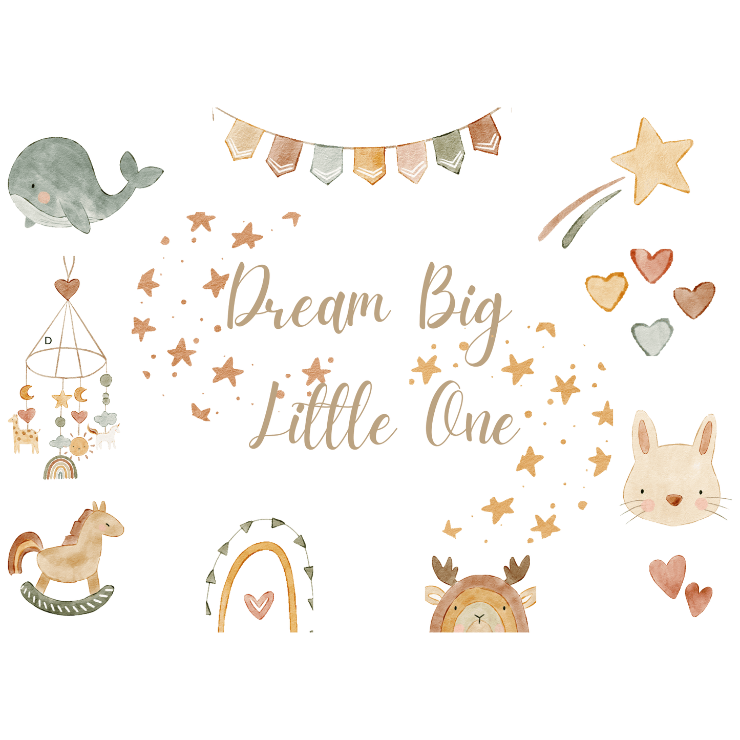 'Dream Big Little One' lettering on a postcard with colourful boho style animals, stars and bunting