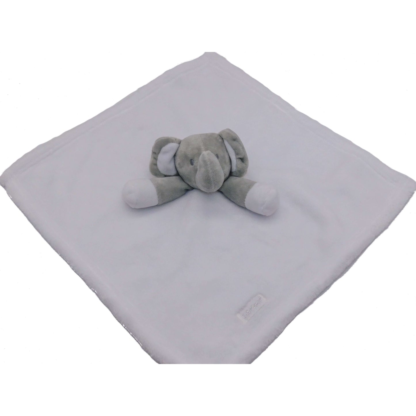 Gray elephant comforter on a white background.