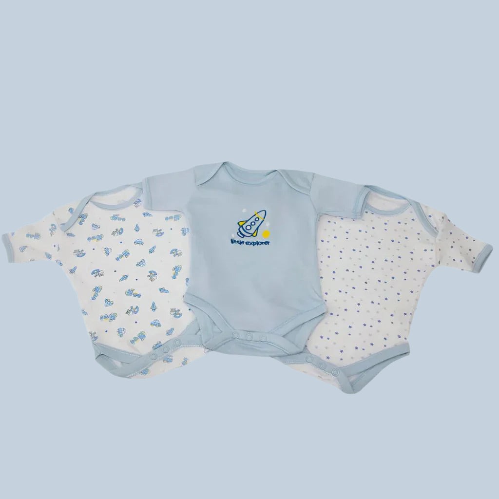Baby Boy bodysuits with different patterns on a pale blue background