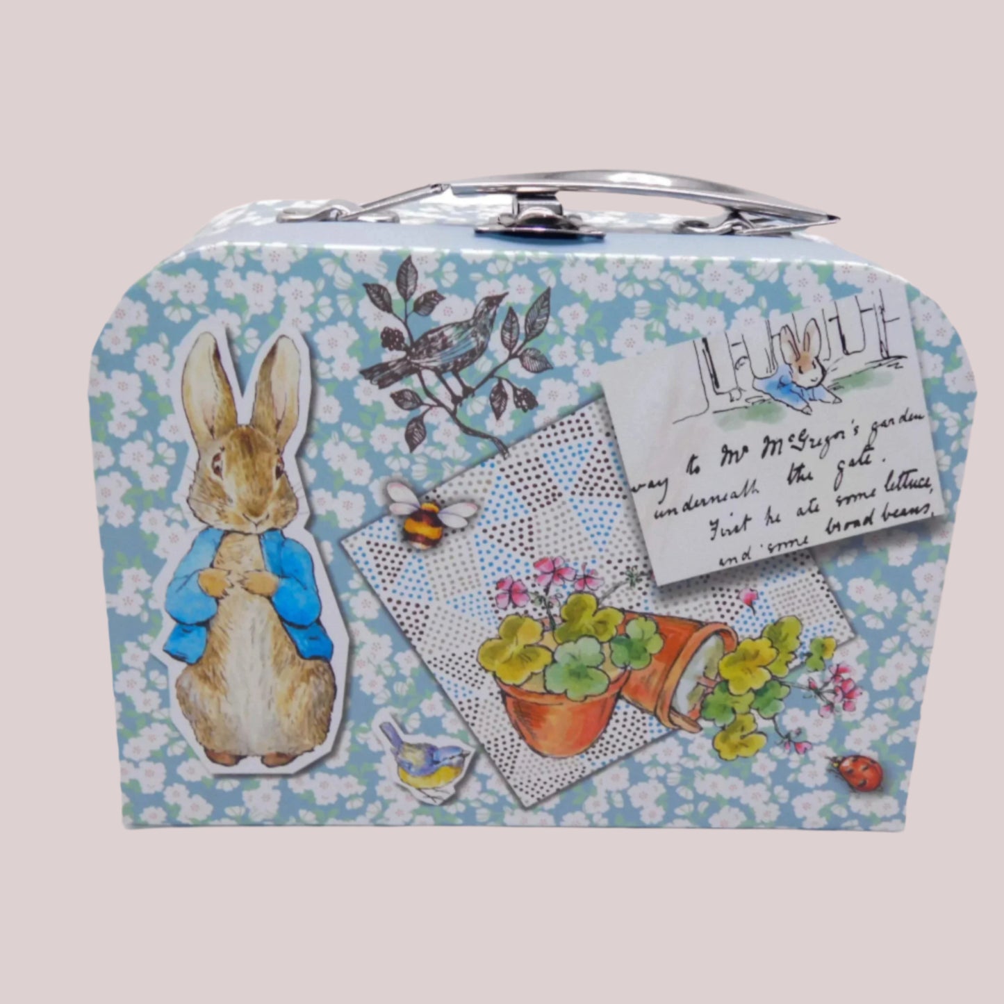 Peter Rabbit keepsake box with illustrations of Peter rabbit, flowers, and text on a floral background