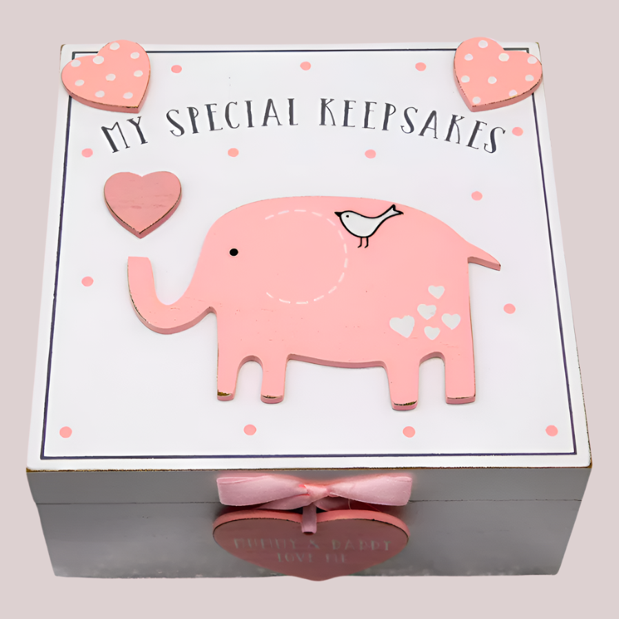 Pink elephant-themed keepsake box with hearts on a pink background