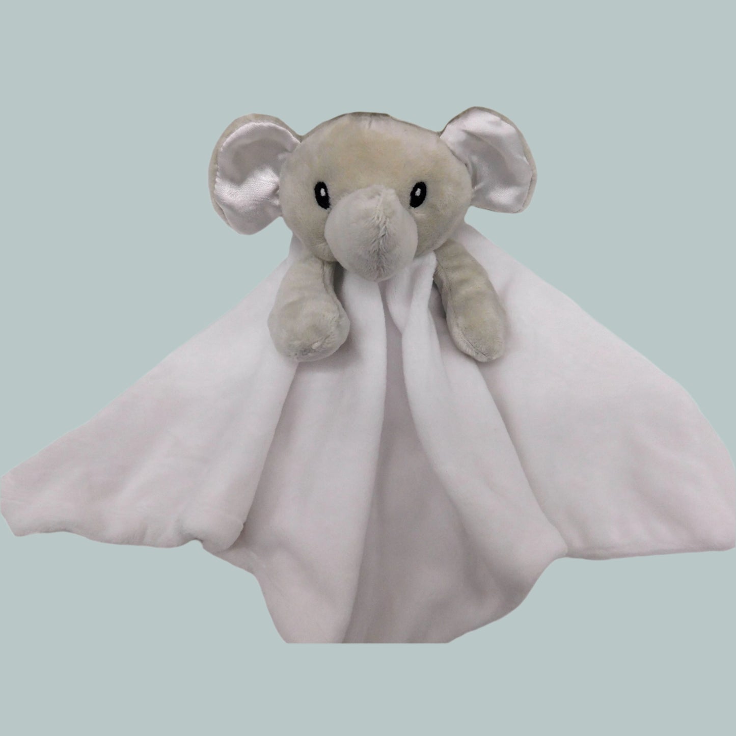 Plush grey and white elephant comforter on a neutral background