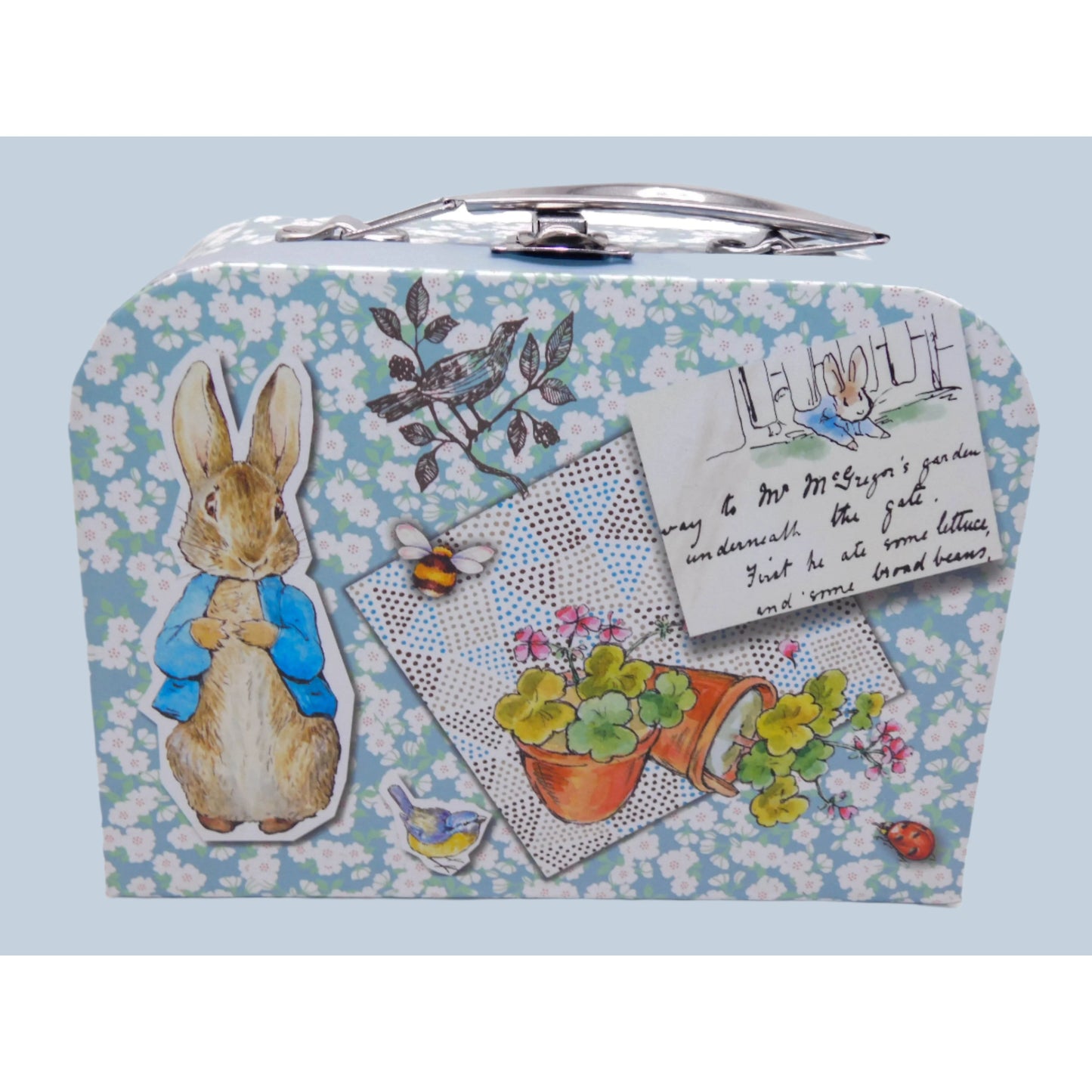 Small Peter Rabbit keepsake suitcase with vintage-style design featuring a Peter Rabbit and floral patterns on a light blue background.