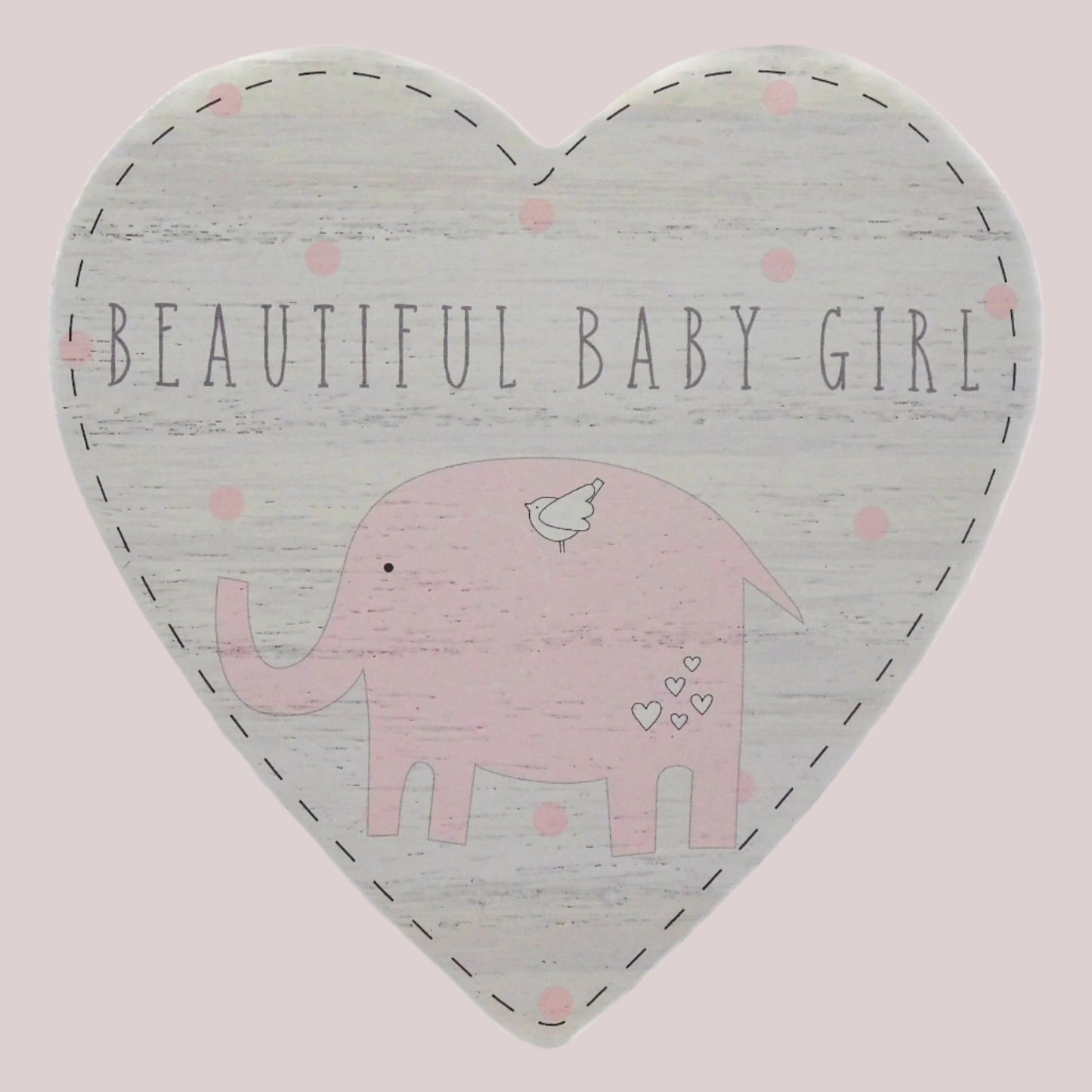 Heart-shaped decorative door plaque with 'Beautiful Baby Girl' text and a pink elephant illustration on a light pink background.