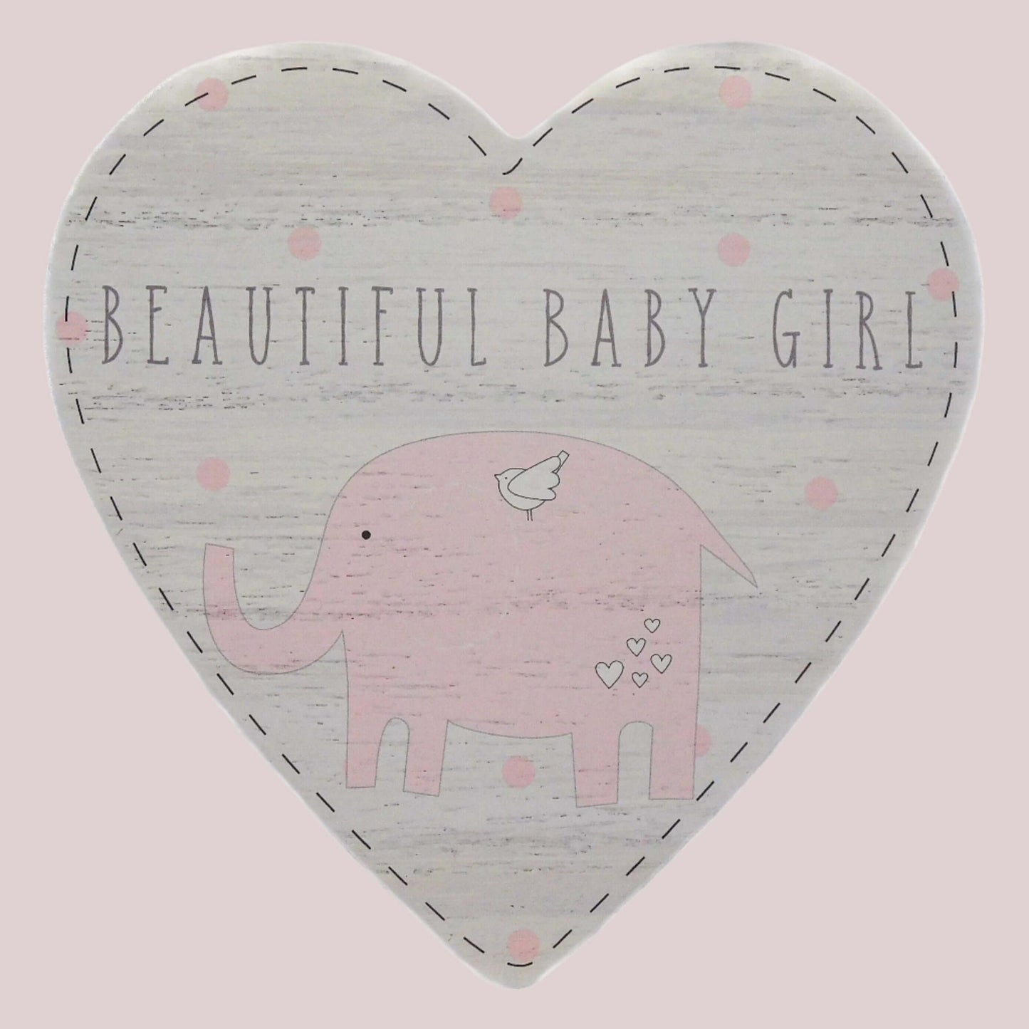 Heart-shaped door hanging plaque with 'Beautiful Baby Girl' text and pink elephant illustration on a light pink background.