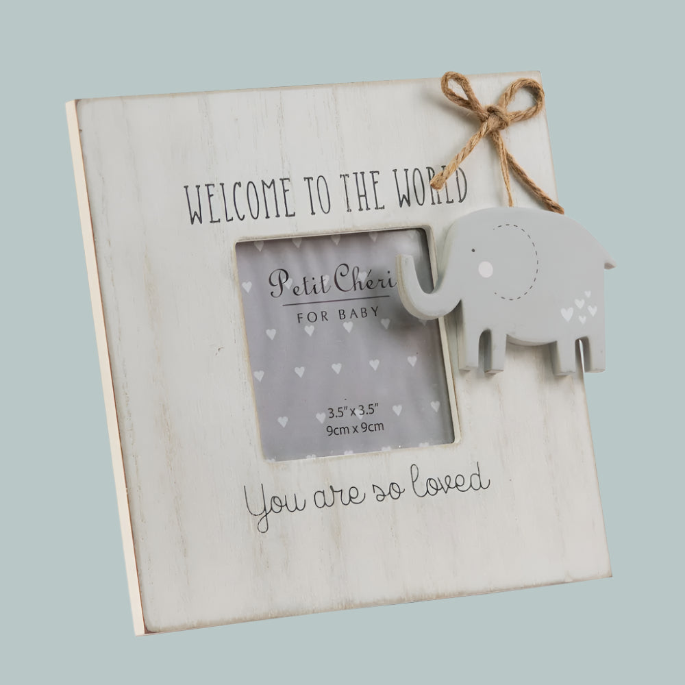 Neutral Wooden photo frame with elephant decoration and text 'Welcome to the world' and 'You are so loved'.