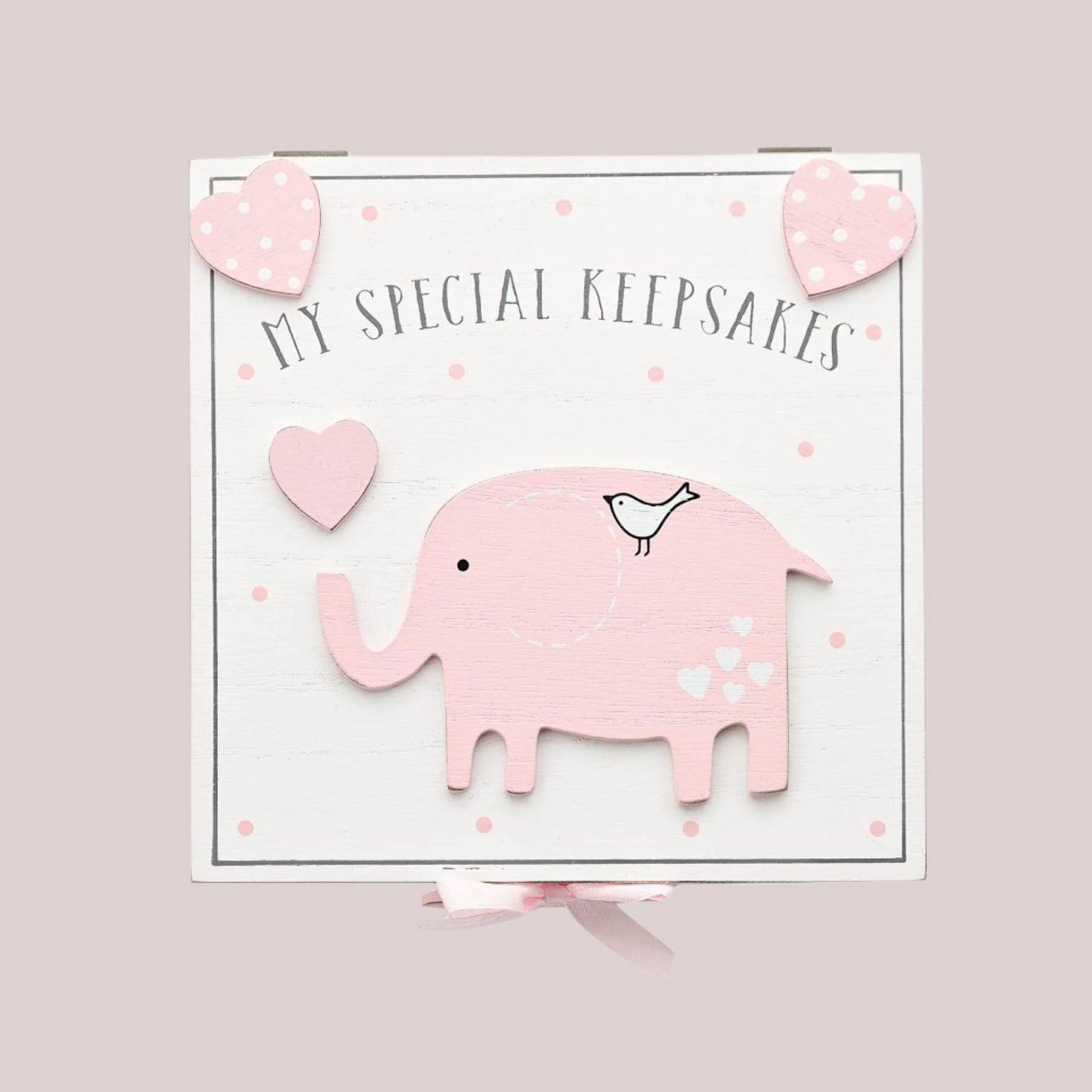 White wooden keepsake box with pink elephant with a bird on a white background with 'My Special Keepsakes' text