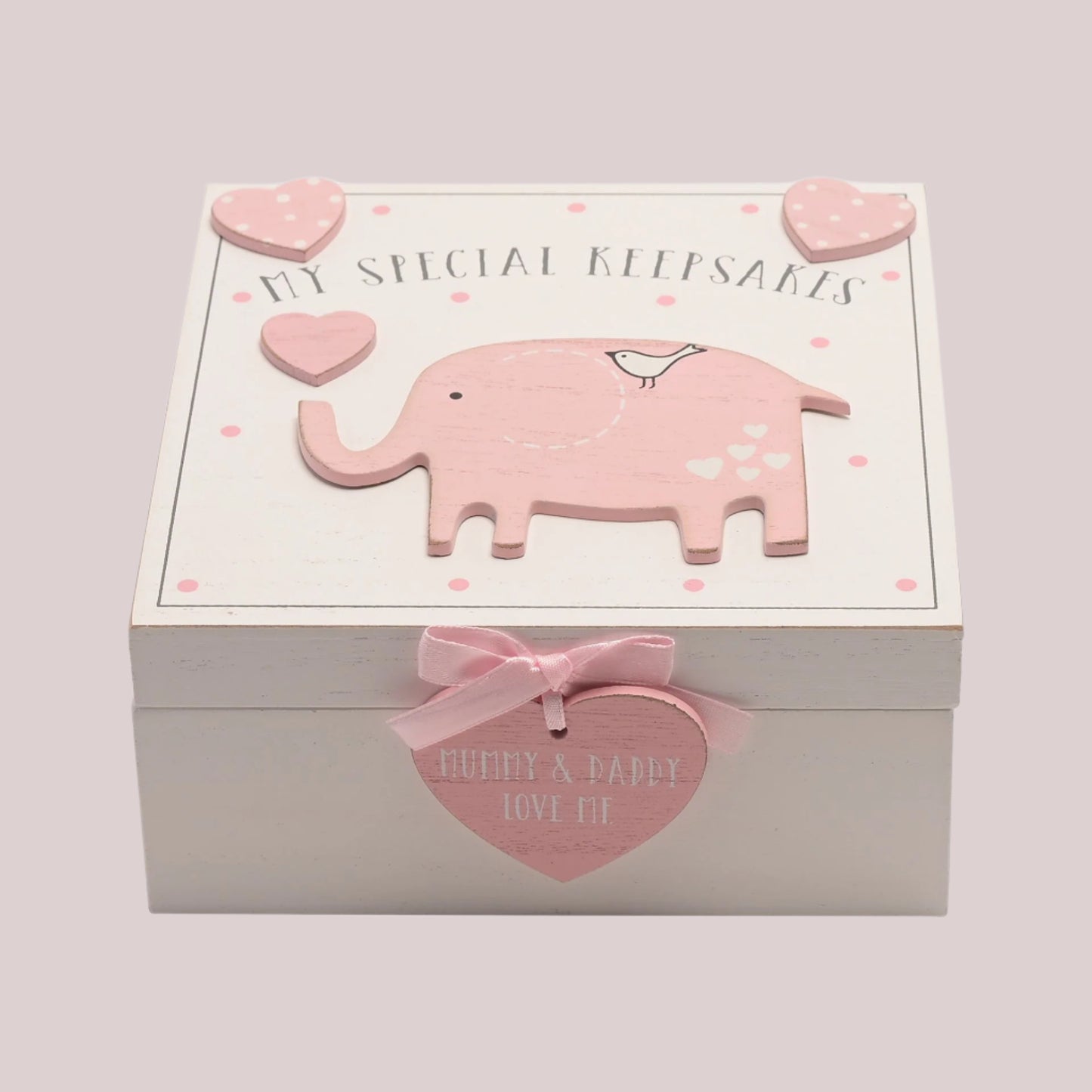 Children's keepsake box with pink elephant design and the wording 'My special keepsakes' on a light pink background