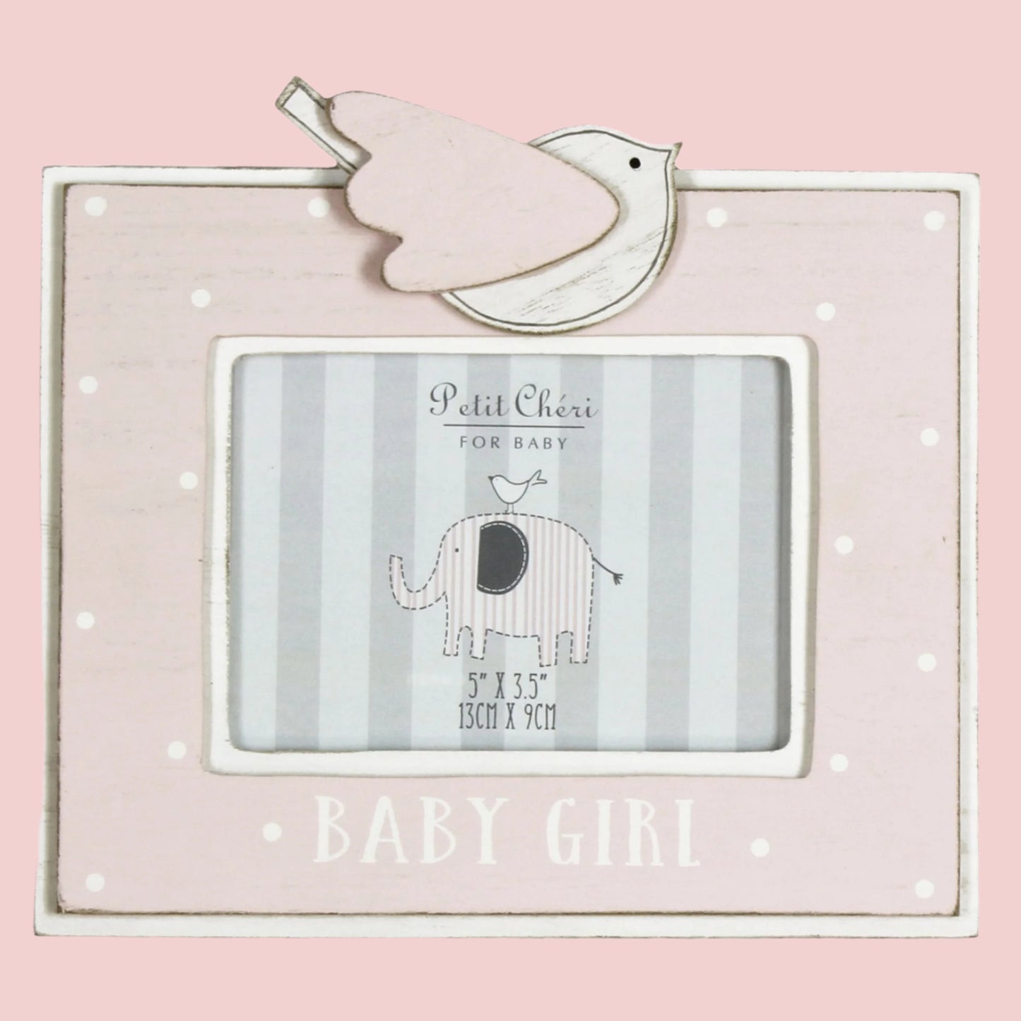 Pink baby girl photo frame with bird design on a pale pink background