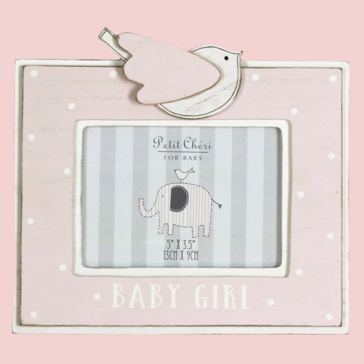Pink baby girl photo frame with bird design on a pale pink background