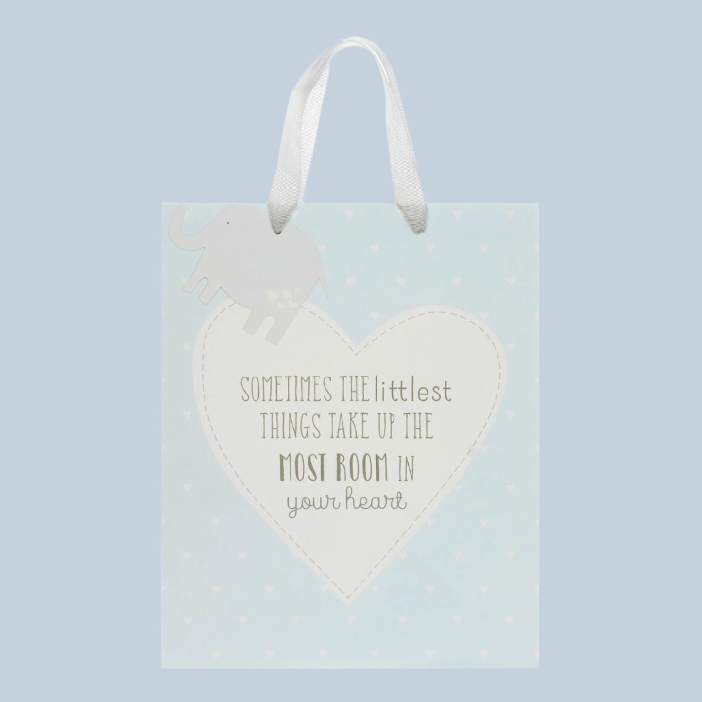 Large pale blue baby gift bag with white polka dots and the text 'Sometimes the littlest things take up the most room in your heart' and elephant gift tag