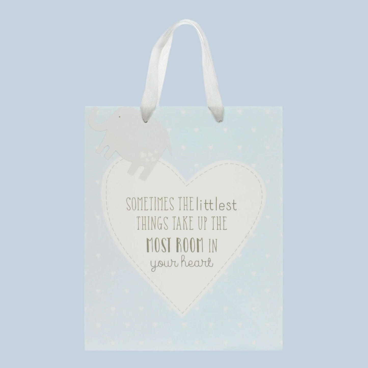 Large pale blue baby gift bag with white polka dots and the text 'Sometimes the littlest things take up the most room in your heart' and elephant gift tag