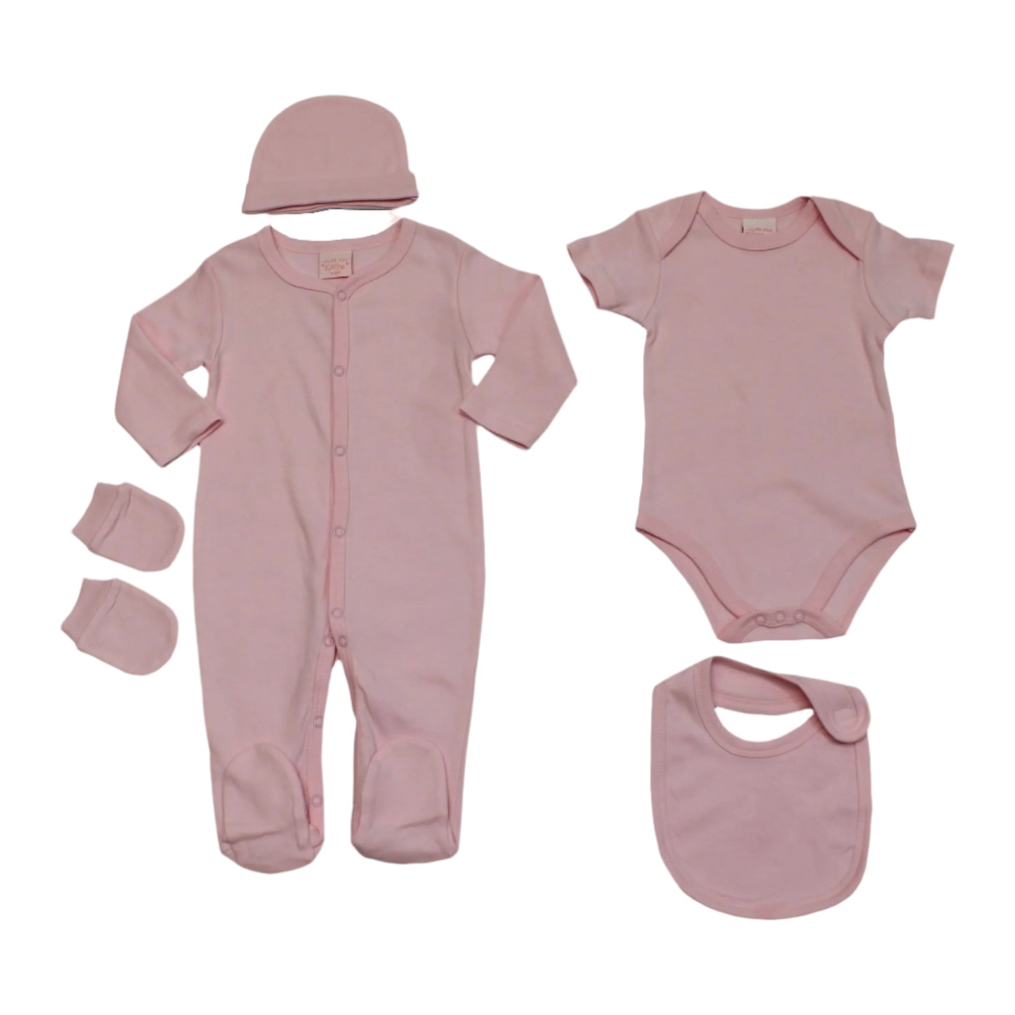 Baby clothing set including a sleepsuit, bodysuit, hat, and bib on a white background