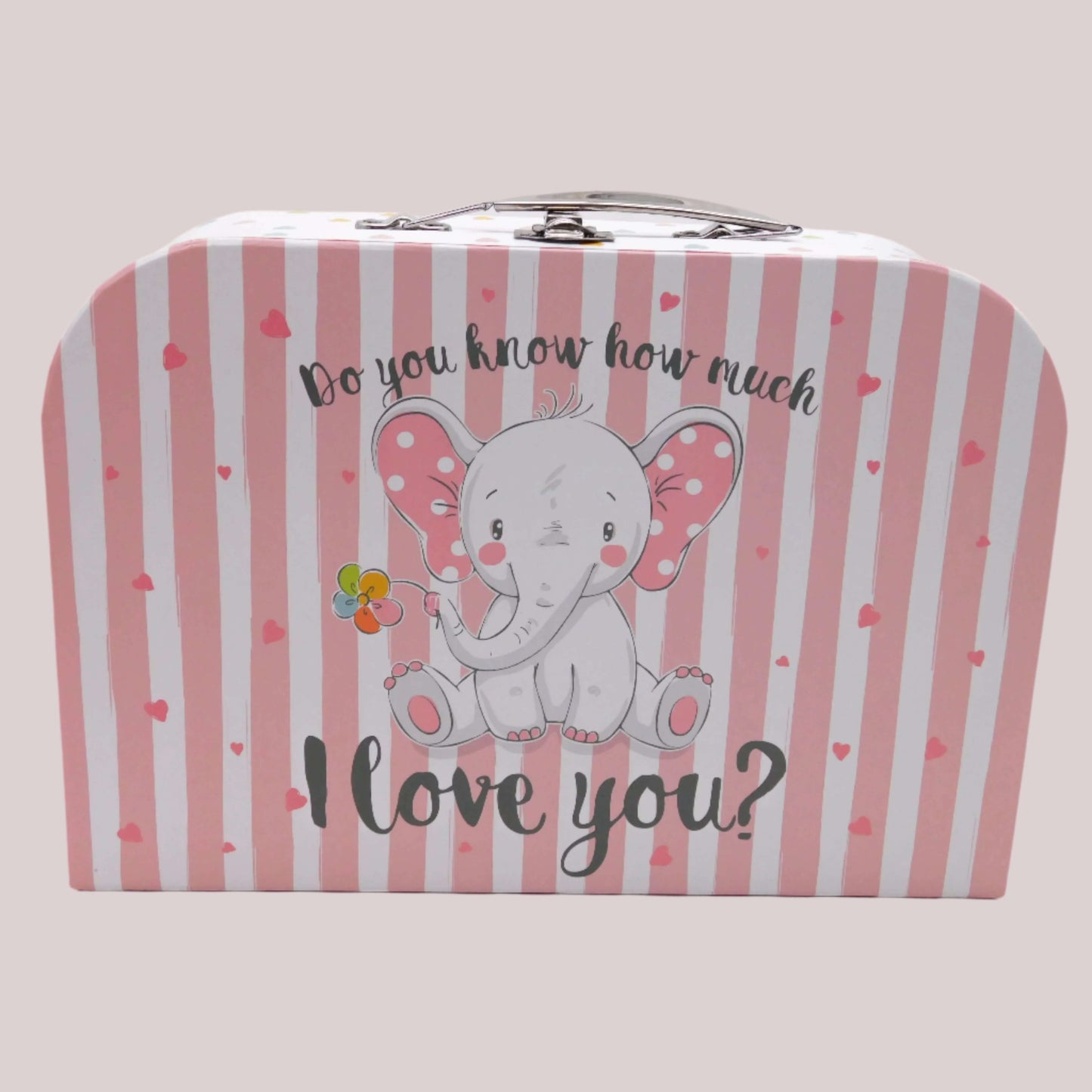 Children's suitcase with an elephant design and text on a pink and white striped background
