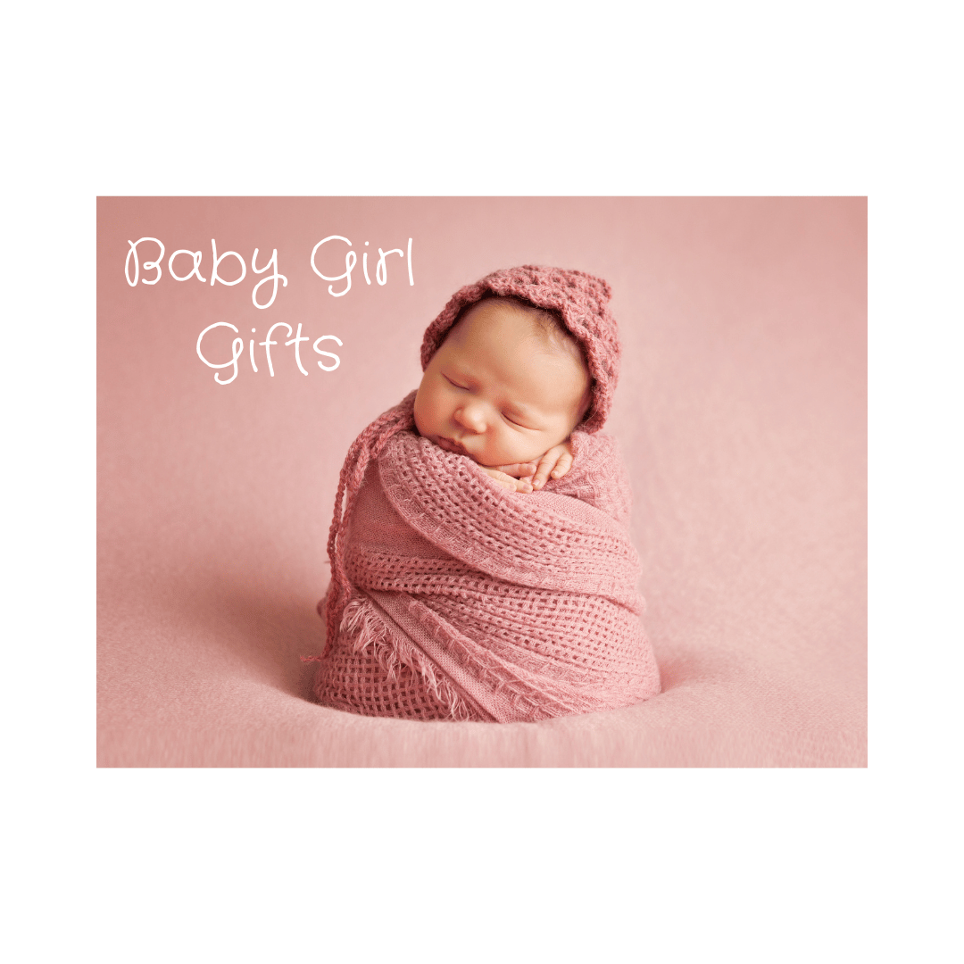 A newborn baby wrapped up in knitted pink swaddling and a pink knitted hat and the wording 'Baby Girl Gifts'
