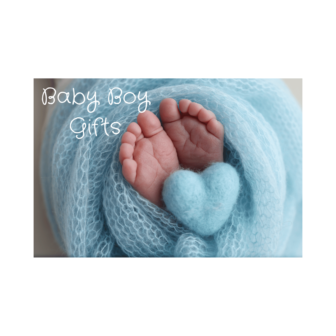 A blue knitted blanket with a soft knitted heart and some newborn baby feet sticking out with the text 'Baby Boy Gifts'