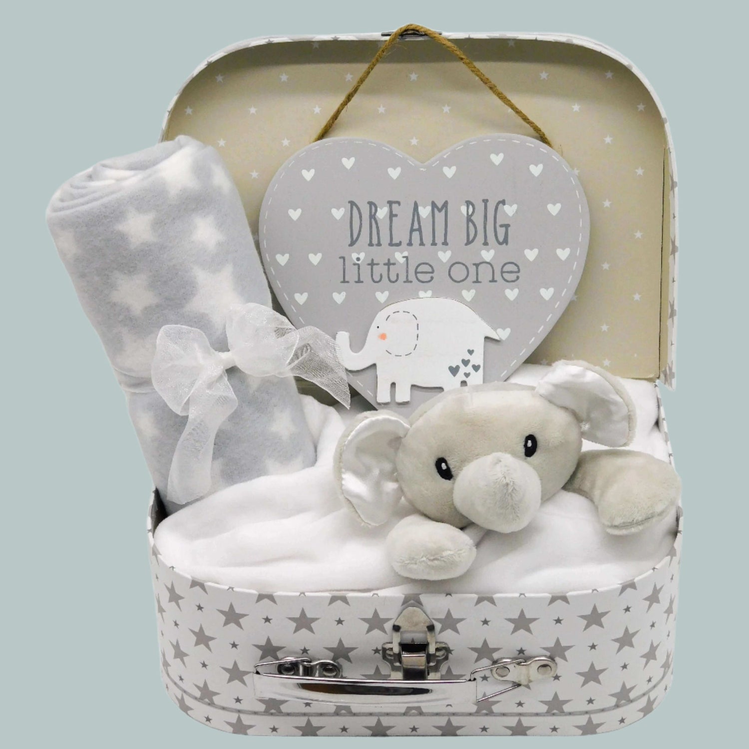 A collection of small baby items including socks, hairbrush and wooden teether, and the text 'Keepsake Boxes'