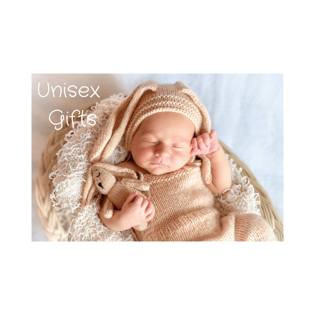 A newborn baby lying down in a knitted baby-gro and knitted hat with bunny ears, cuddling a knitted toy bunny, and the text 'Unisex Gifts'