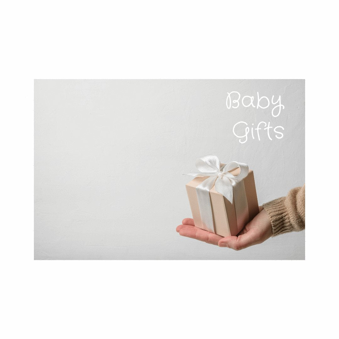 An outstretched hand holding a neutral coloured gift box with a ribbon and the text 'Baby Gifts'