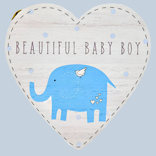 Heart-shaped decorative door plaque with a blue elephant and text on a light blue background