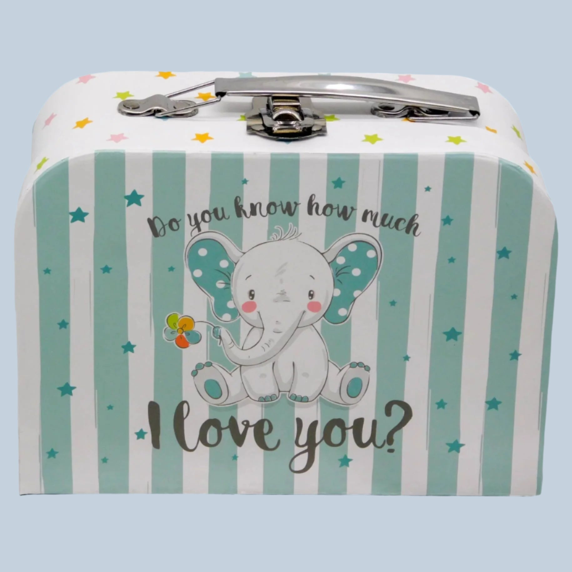 Children's suitcase with elephant design and text on a blue background