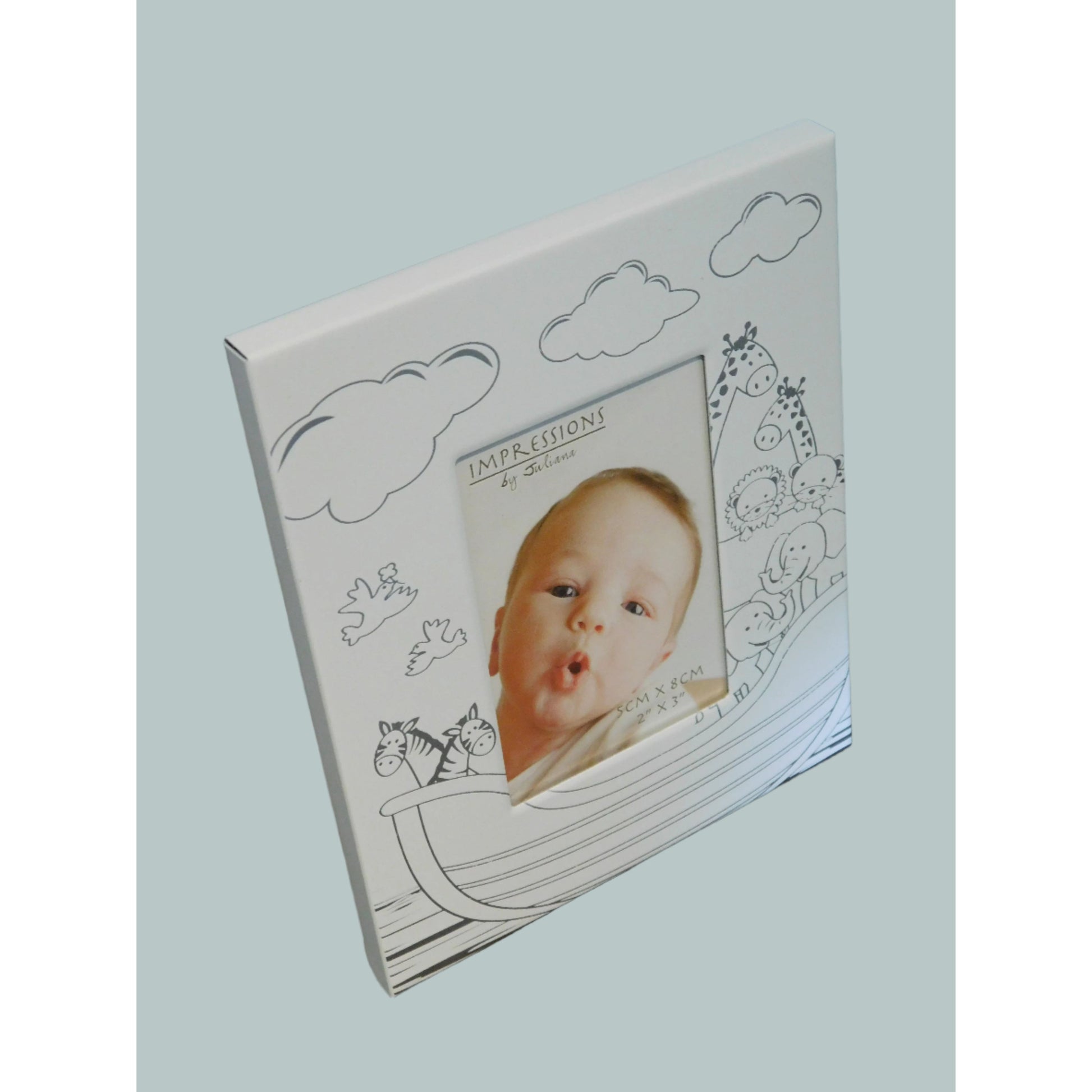 Baby photo frame with animal illustrations on a neutral background