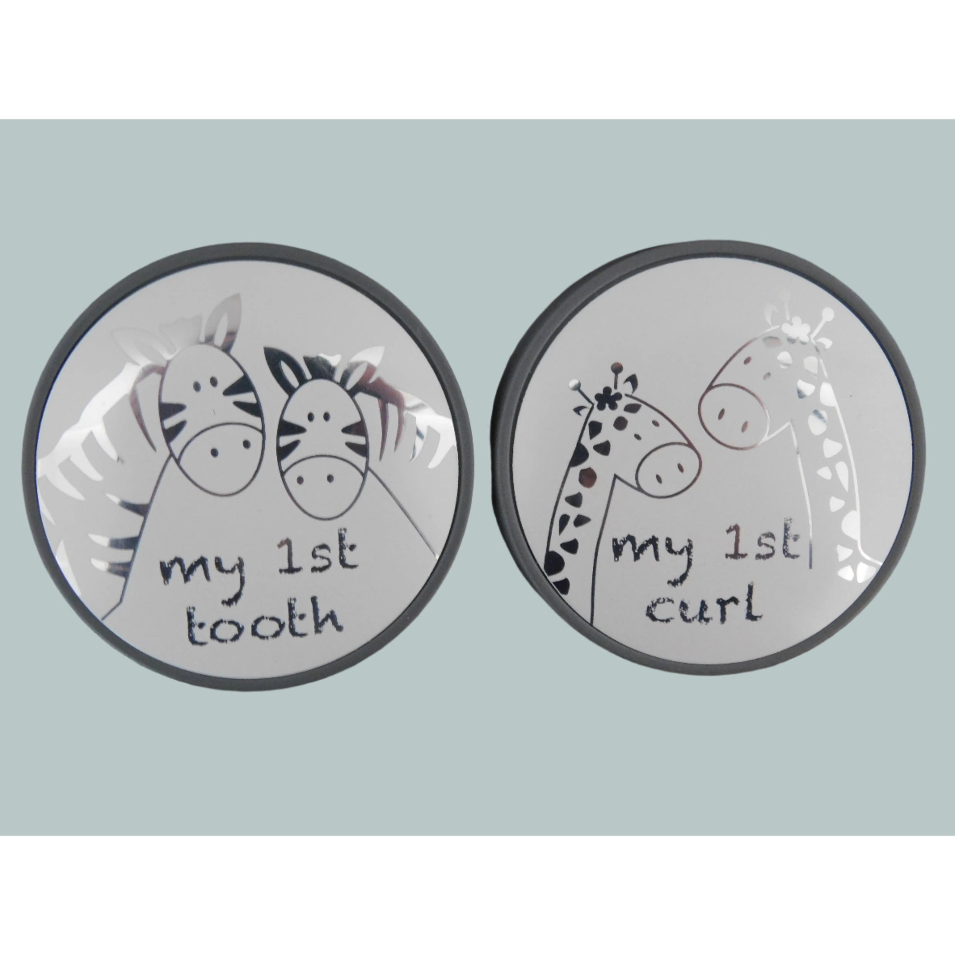 Tooth and curl boxes with silver animal design and wording 'My 1st tooth' and 'My 1st curl'