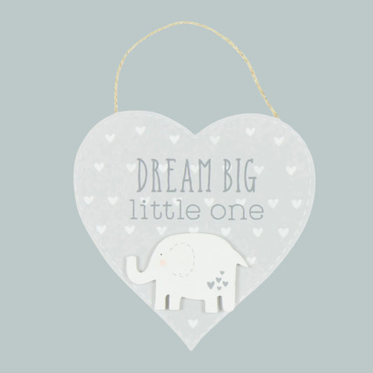 Heart-shaped hanging door plaque with 'Dream Big little one' text and an elephant illustration on a light grey background.