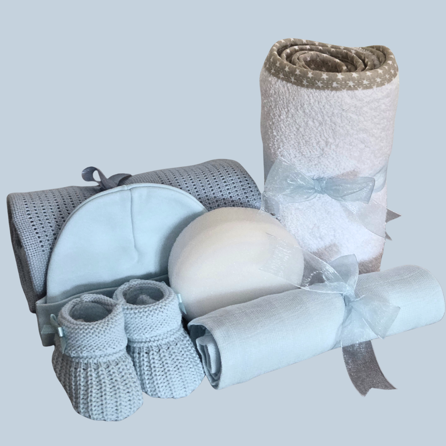 Newborn Baby Boy Gift Basket - Cotton Essentials, Keepsakes & Elephant Rattle