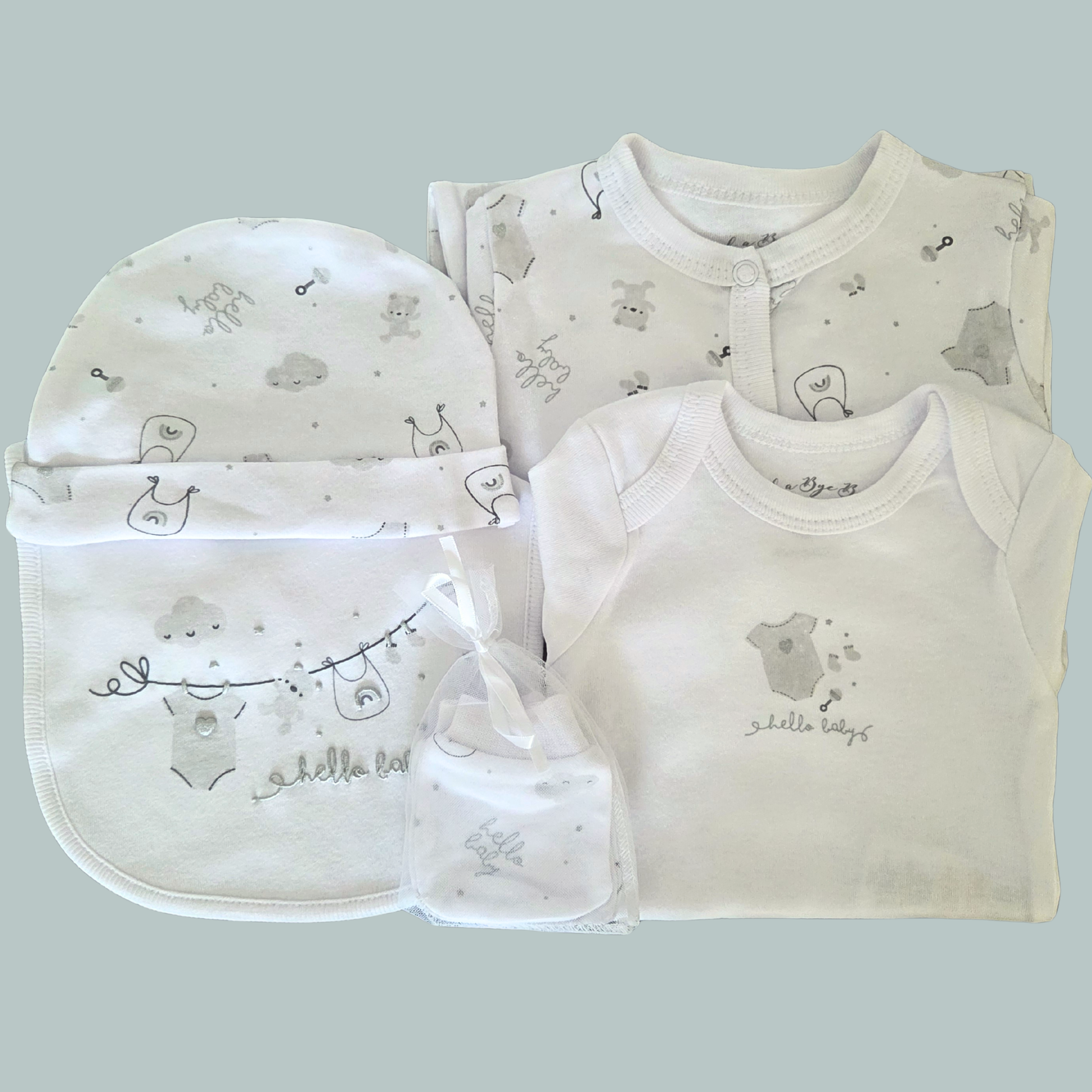 baby layette in white and grey with 'hello baby ' wording,, featuring a hat, bib, mittens, sleepsuit and bodysuit