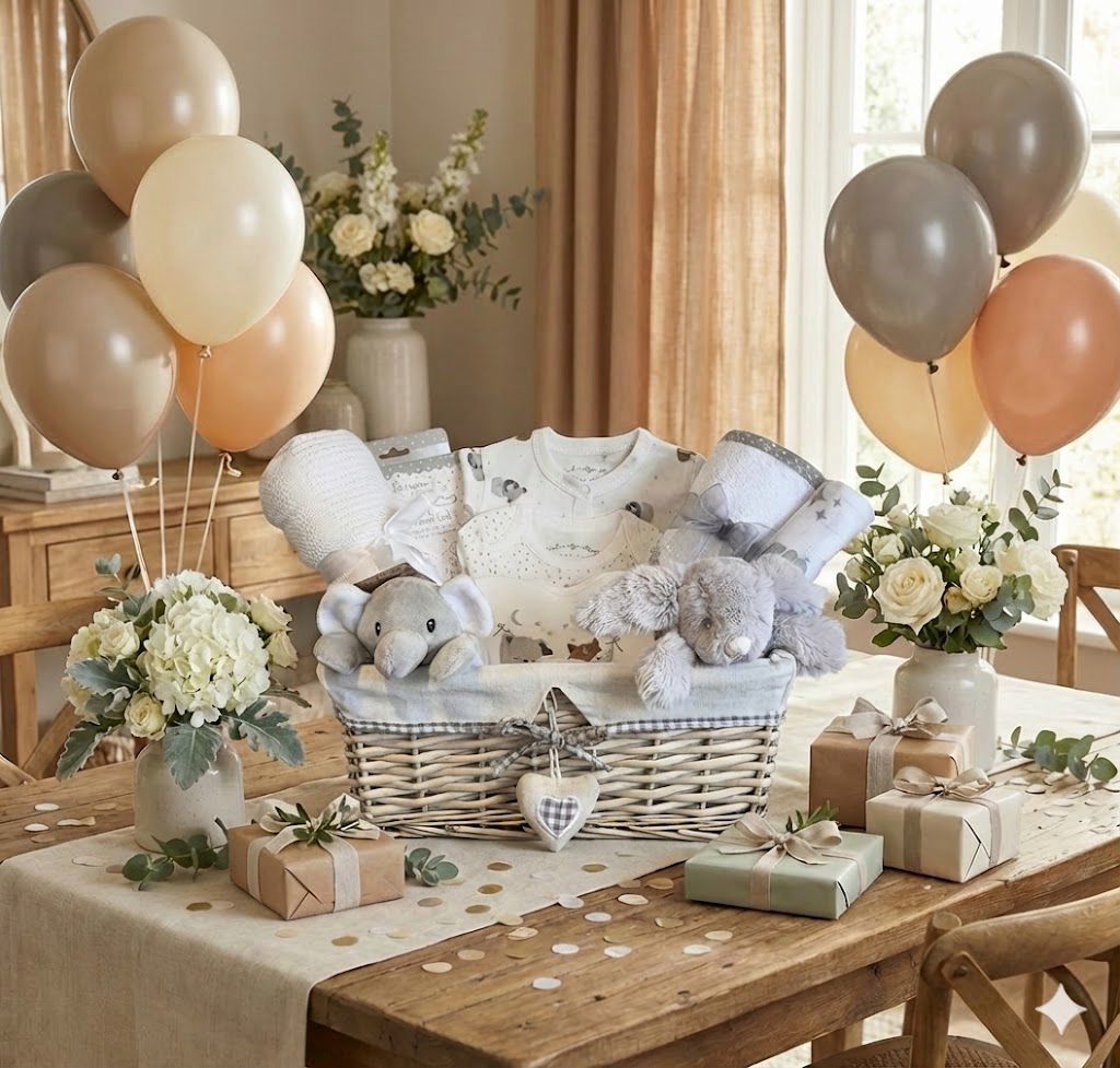 Luxury Neutral Baby Gift Basket - 100% Cotton Newborn Essentials & Soft Toys