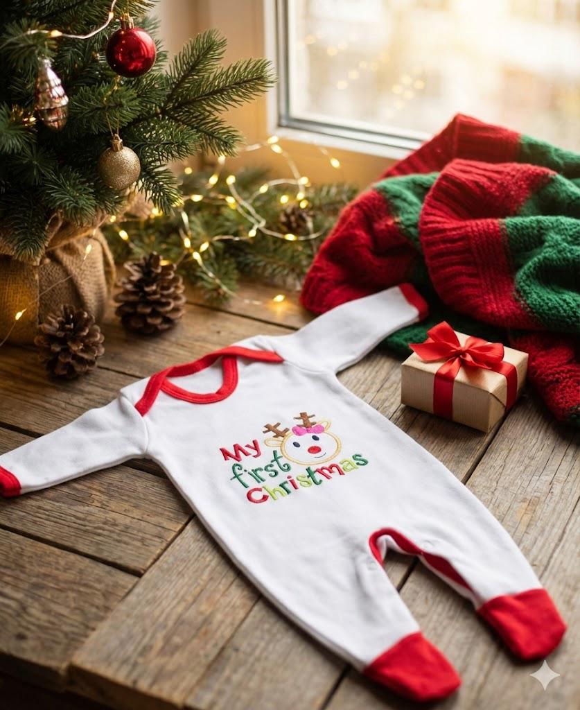 Baby romper with 'My first Christmas' text, a reindeer design and red feet on a wooden table by a Christmas tree