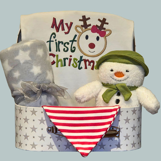 Starry keepsake box with snowman toy,  blanket, stripy bib and 'my first christmas' romper 
