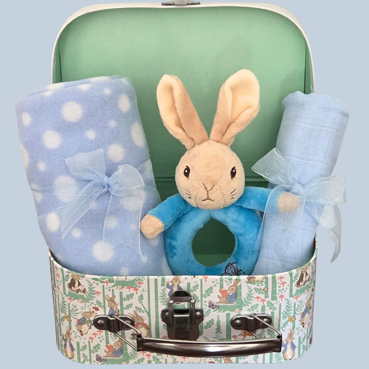Baby Boy Gift Set with Peter Rabbit Rattle, Blanket & Muslin | Tiny Welcome