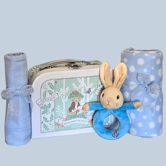 Baby Boy Gift Set with Peter Rabbit Rattle, Blanket & Muslin | Tiny Welcome