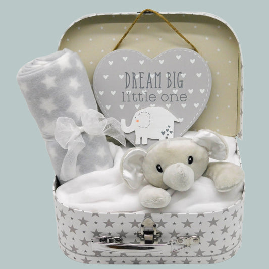 Neutral Baby gift set with plush elephant comforter, fleece blanket, and heart-shaped door-hanging plaque in a star-patterned keepsake suitcase.