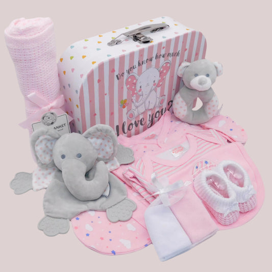 Baby gift set with pink and gray plush toys, blanket, and booties on a pale pink background