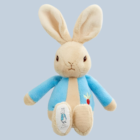 Plush Peter Rabbit bean rattle on a pale blue background