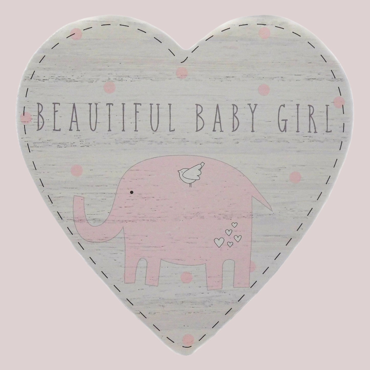 Heart-shaped door hanging plaque with 'Beautiful Baby Girl' text and pink elephant illustration on a light pink background.