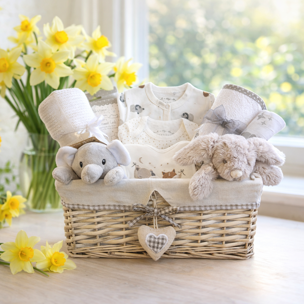 Neutral Baby Gift Basket - 100% Cotton Baby Essentials & Soft Toys