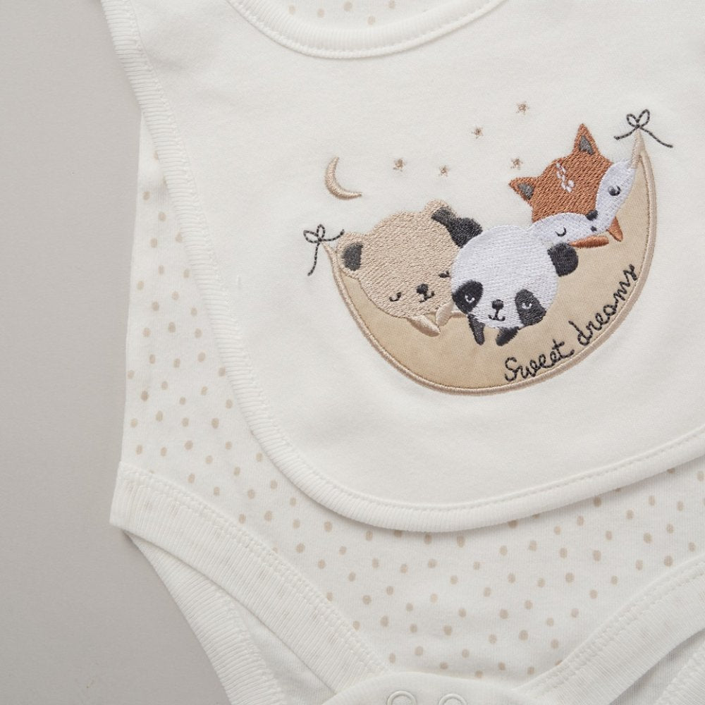 Baby onesie with embroidered design of animals on a beige background